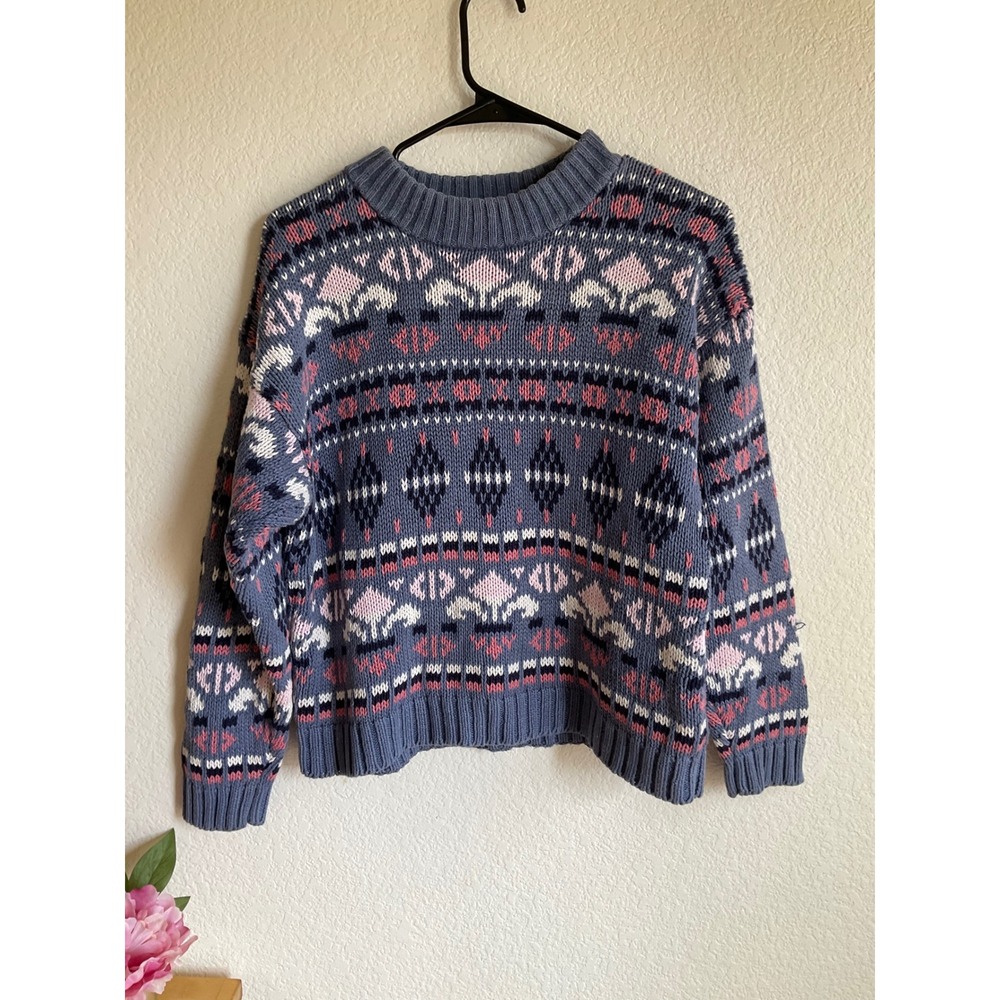 Vintage Paris girls Geometric Knit Sweater Blue Pink Crew Neck Pullover
